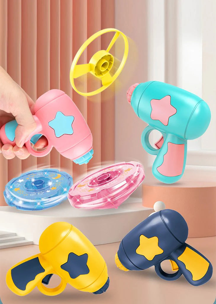 【イエロー】スピンフライヤー フライングディスクガン プラスチック 竹とんぼ プロペラ おもちゃ 玩具 跳ね飛ばし プロペラ飛ばし フライングディスク ペット 子供 キッズ