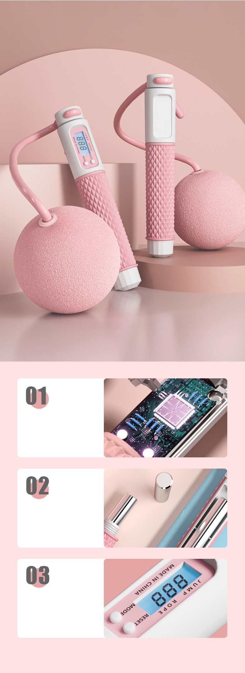 【ピンク】縄跳びフィットネス スマートディスプレイ おもり 屋内でもできる 屋外 実際に跳べる ダイエット なわとび シェイプアップ エクササイズ 運動 スポーツ 運動不足解消 滑りにくい