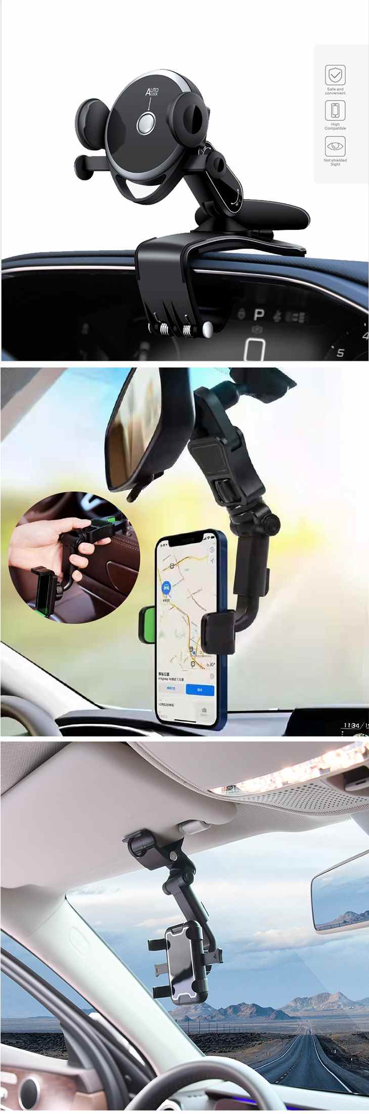 車載ホルダー バックミラー取付 クリップ式 スマホホルダー 多機種対応 自由調整 角度調整 回転 カー用品 ルームミラー 滑り止め 便利グッズ 安定 高品質
