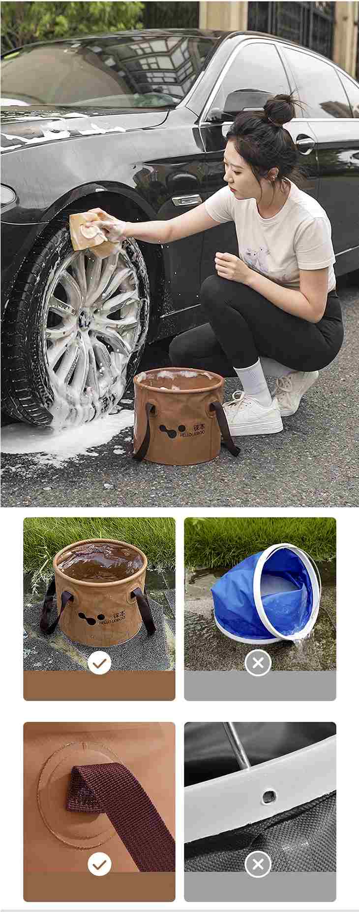 【ブラウン10L】水汲みバケツ バケツ 折りたたみ式 バッカン ポータブルバケツ 水汲み 持ち手 アウトドア ペット 釣り用バケツ 大容量 自立式 持ち運び 防水 便利