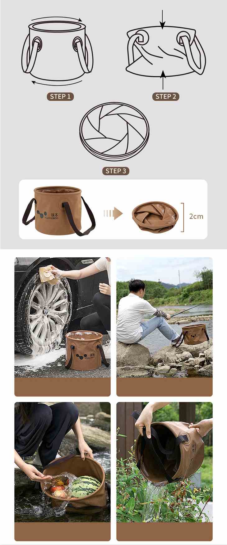 【ブラウン10L】水汲みバケツ バケツ 折りたたみ式 バッカン ポータブルバケツ 水汲み 持ち手 アウトドア ペット 釣り用バケツ 大容量 自立式 持ち運び 防水 便利
