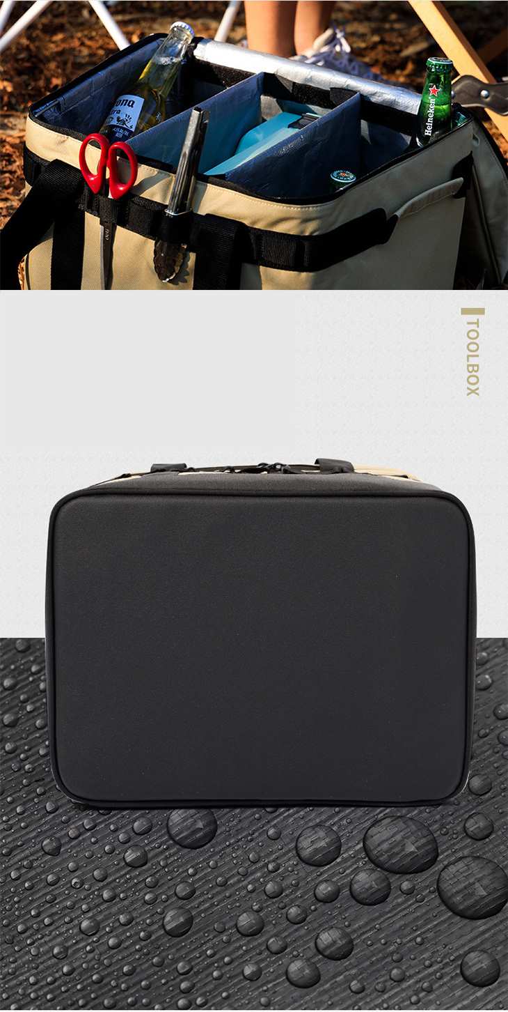 【ブラック】アウトドア収納バッグ 戸外収納 工具箱 大容量 キャンプ アウトドア ピクニック レジャーバッグ 収納ボックス 防水 防災 仕切り 多機能 自立 丈夫
