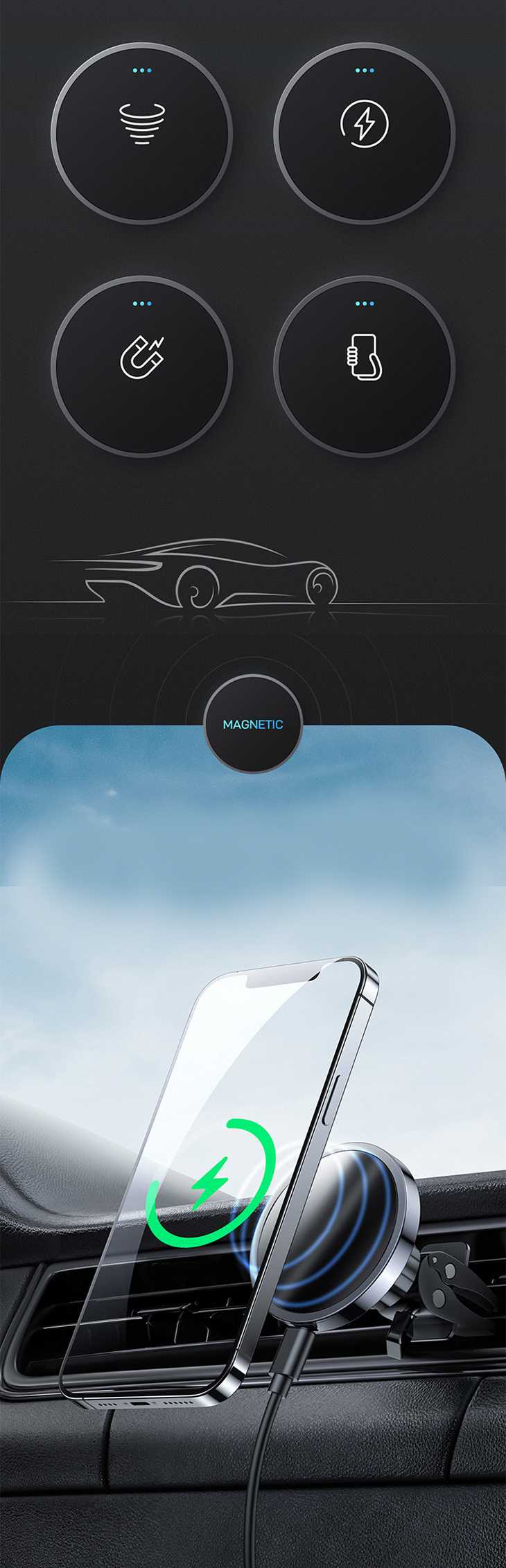 マグネット式車載急速ワイヤレス充電器 ワイヤレス 磁気 カーチャージャー 360度旋回 自由角度調整 吹き出し用クリップ固定 多対応 iPhone スマートフィン android