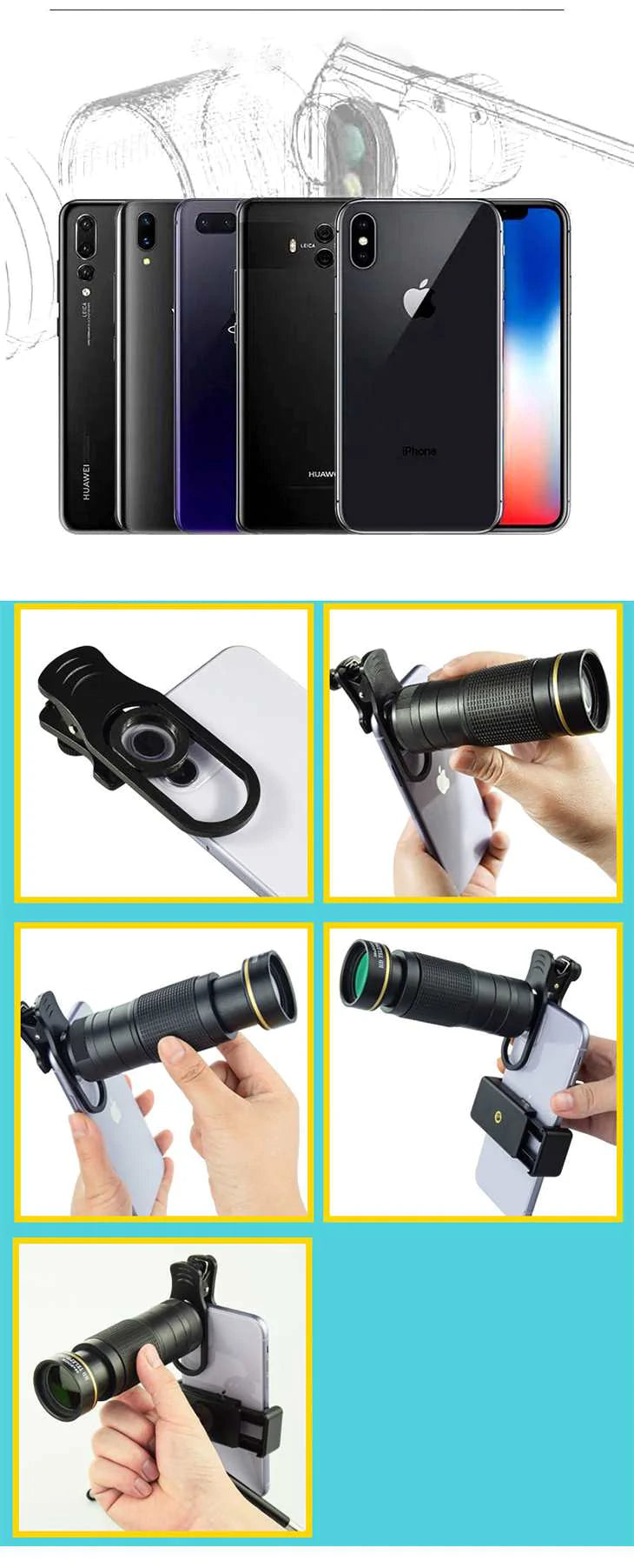 【ブルー】スマートフォンレンズ 望遠 カメラ ズーム 単眼 リモート シャッター 携帯電話レンズ コンパクト 持ち運び 小型 取り外し