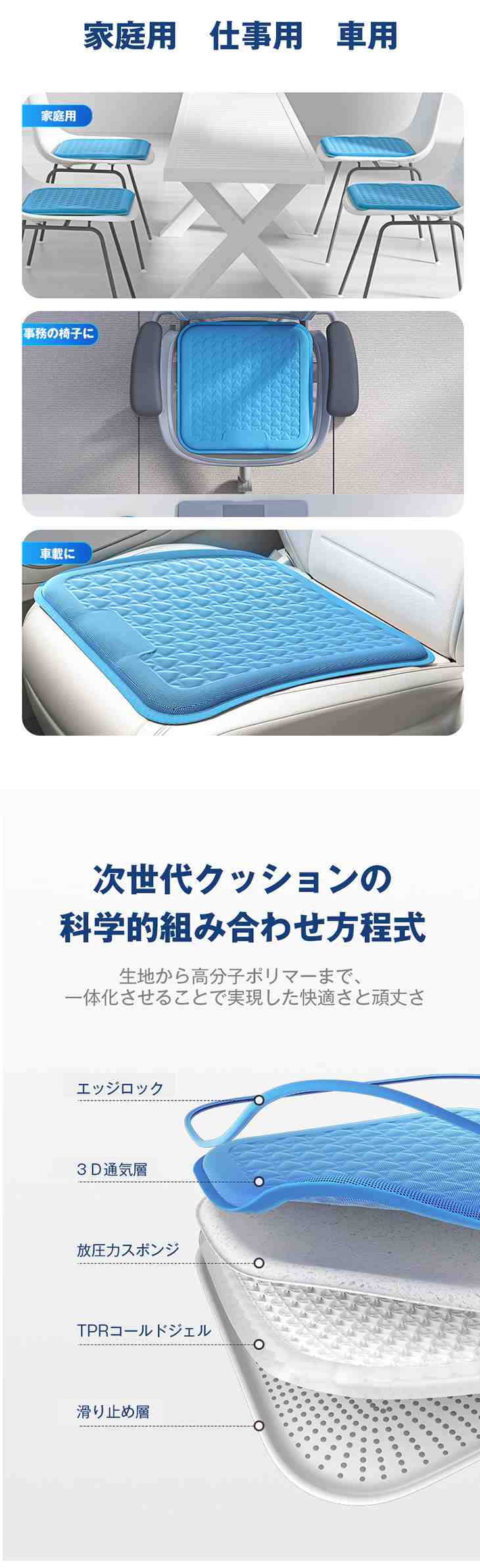 【ブラック】ゲルクッション ハニカム 座布団 冷感クッション 冷感マット ひんやり TPEジェルクッション カバー付き 圧力軽減 体圧分散 美尻 通気性 高弾力 低反発 夏用 涼しい 冷却マット クールマット 熱中症対策 グッズ ひんやりシート