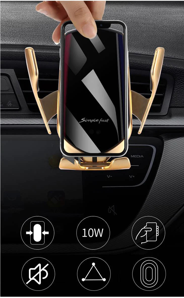 【ゴールド】車載 充電器 スマホ充電 iPhone ワイヤレス充電 急速充電 赤外線センサー エアコン吹き出し口 多機種対応 自動開閉 かっこいい 磁気式