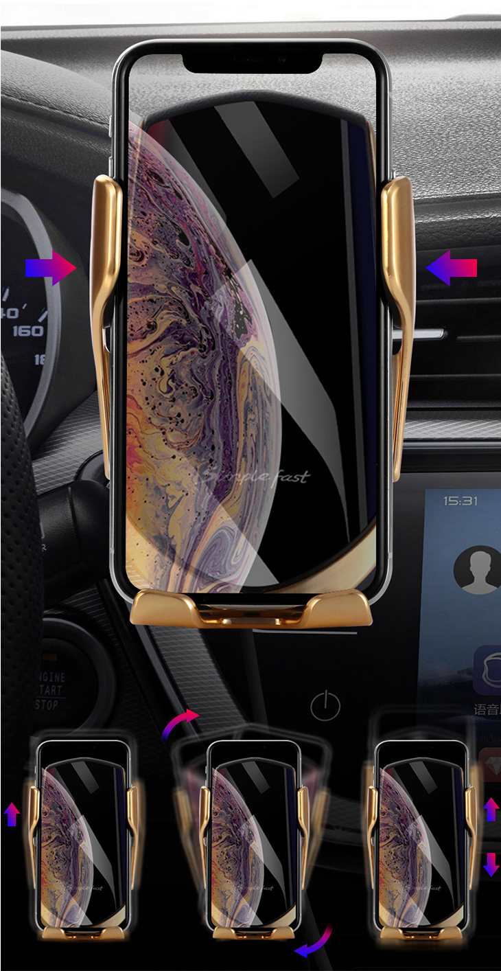 【シルバー】車載 充電器 スマホ充電 iPhone ワイヤレス充電 急速充電 赤外線センサー エアコン吹き出し口 多機種対応 自動開閉 かっこいい 磁気式
