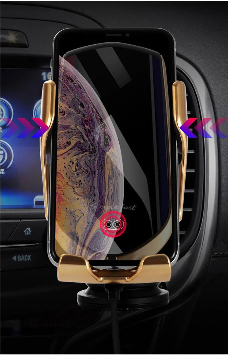 【シルバー】車載 充電器 スマホ充電 iPhone ワイヤレス充電 急速充電 赤外線センサー エアコン吹き出し口 多機種対応 自動開閉 かっこいい 磁気式