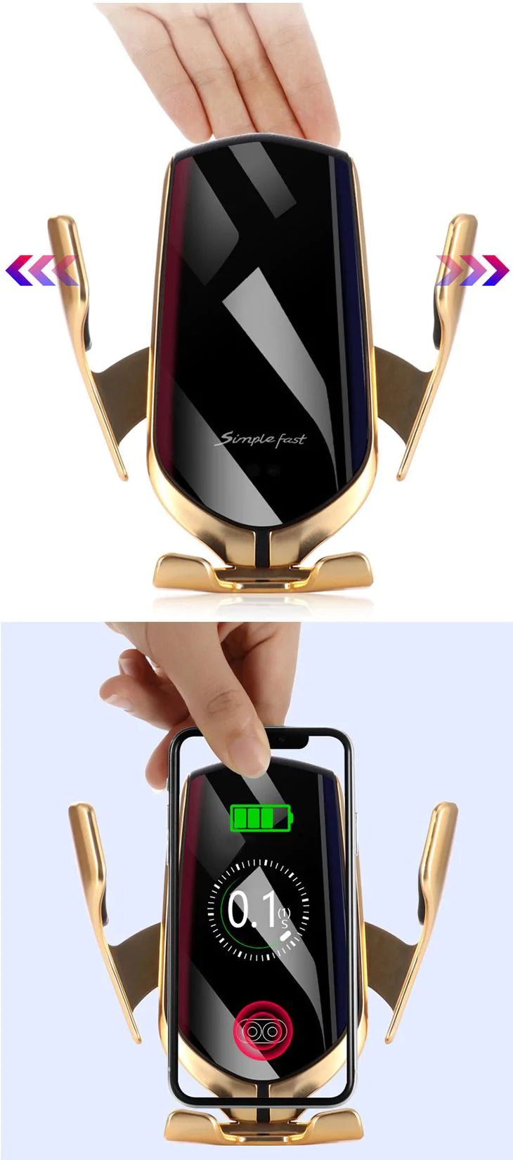 【ゴールド】車載 充電器 スマホ充電 iPhone ワイヤレス充電 急速充電 赤外線センサー エアコン吹き出し口 多機種対応 自動開閉 かっこいい 磁気式