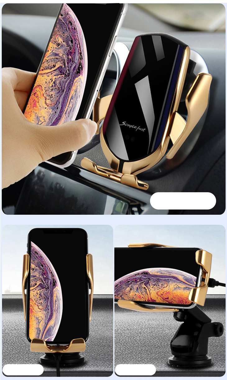 【ゴールド】車載 充電器 スマホ充電 iPhone ワイヤレス充電 急速充電 赤外線センサー エアコン吹き出し口 多機種対応 自動開閉 かっこいい 磁気式