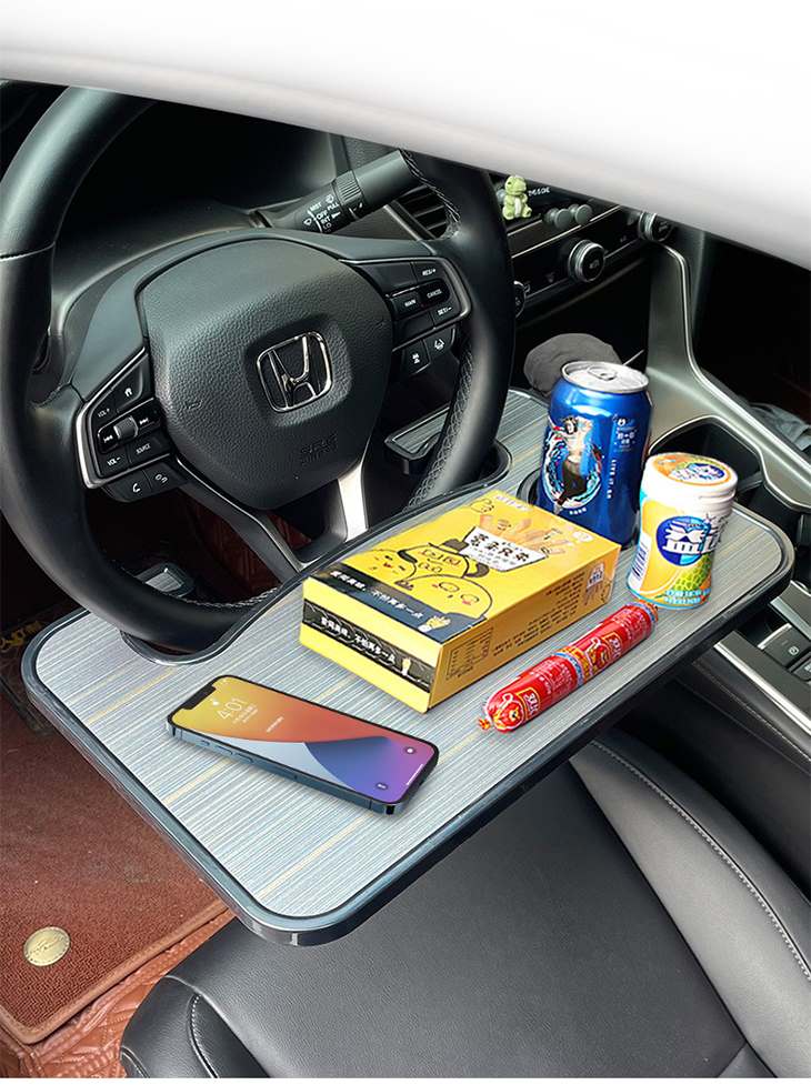 【ブラウン】車用トレイ ハンドルテーブル 取付簡単 フードトレイ ドリンクホルダー 事務作業 車中泊にも 運転席用 食事 仕事 高品質 両面使える
