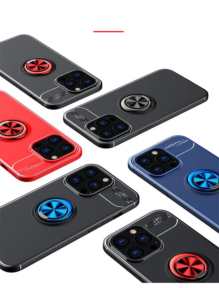 【レッド+レッド】iPhoneケース ブラックケース リング付き 高品質 スマホリング 軽量 薄型 耐衝撃 スタンド機能付き 便利 自由回転 iPhone13