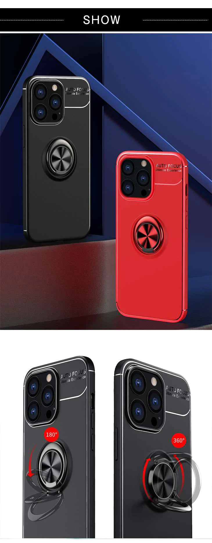 【ブラック+ブルー】iPhoneケース ブラックケース リング付き 高品質 スマホリング 軽量 薄型 耐衝撃 スタンド機能付き 便利 自由回転 iPhone13
