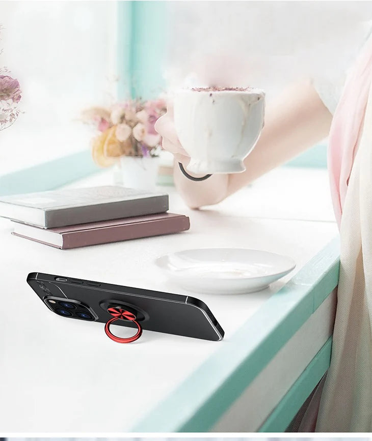 【ブラック+ピンクゴールド】iPhoneケース ブラックケース リング付き 高品質 スマホリング 軽量 薄型 耐衝撃 スタンド機能付き 便利 自由回転 iPhone13