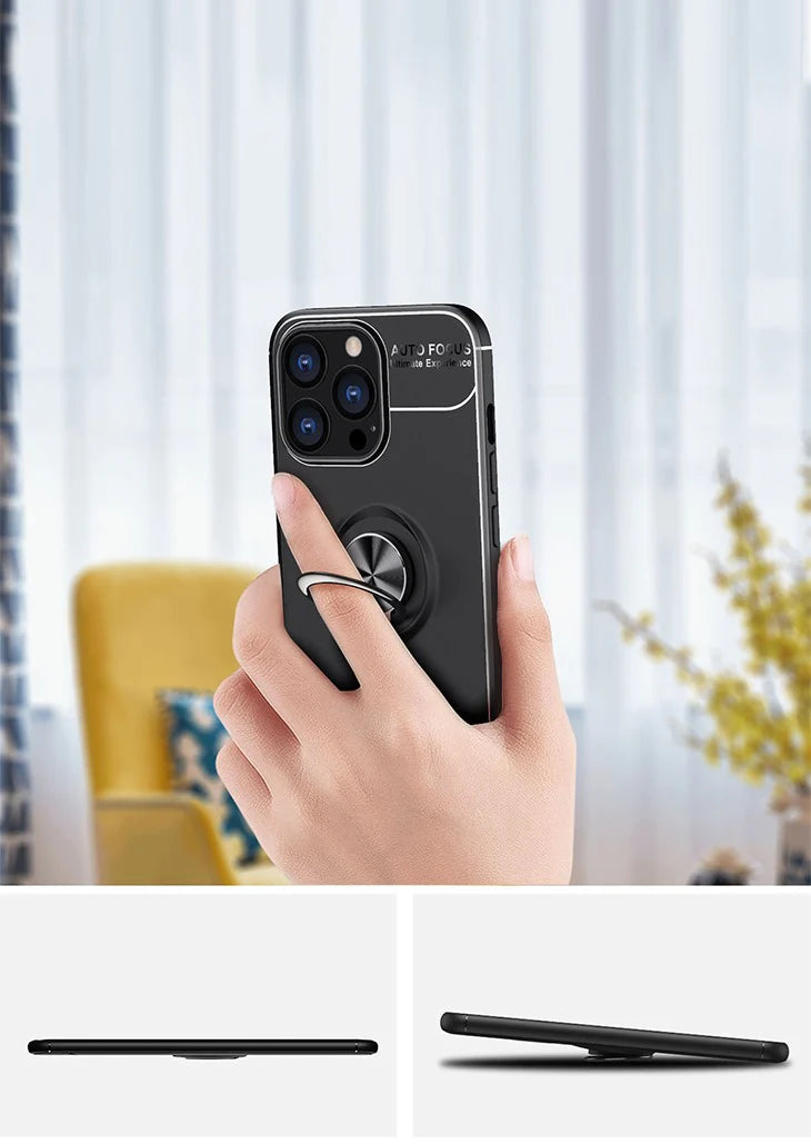 【ブルー+ブルー】iPhoneケース ブラックケース リング付き 高品質 スマホリング 軽量 薄型 耐衝撃 スタンド機能付き 便利 自由回転 iPhone13