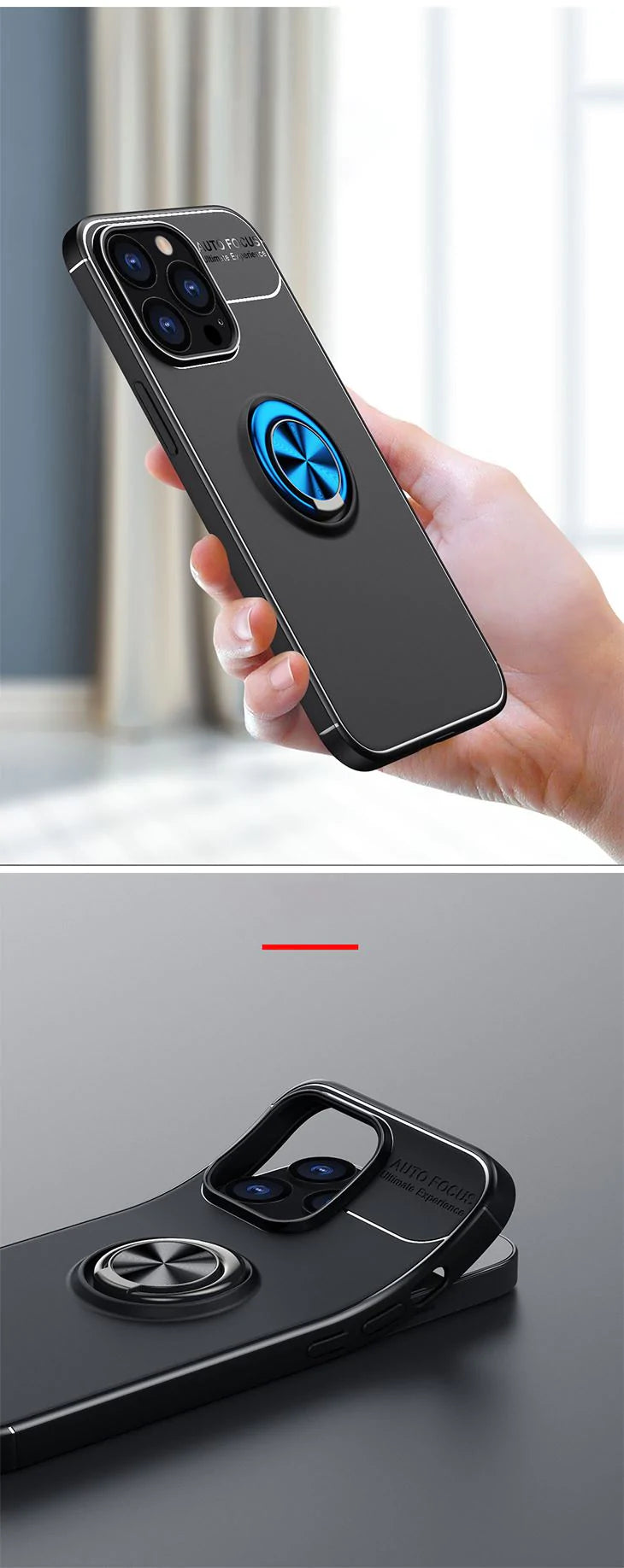 【ブルー+ブルー】iPhoneケース ブラックケース リング付き 高品質 スマホリング 軽量 薄型 耐衝撃 スタンド機能付き 便利 自由回転 iPhone13