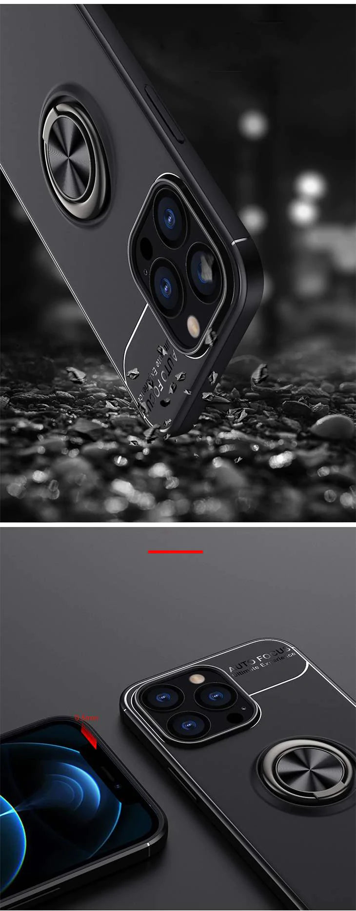 【ブラック+ブルー】iPhoneケース ブラックケース リング付き 高品質 スマホリング 軽量 薄型 耐衝撃 スタンド機能付き 便利 自由回転 iPhone13