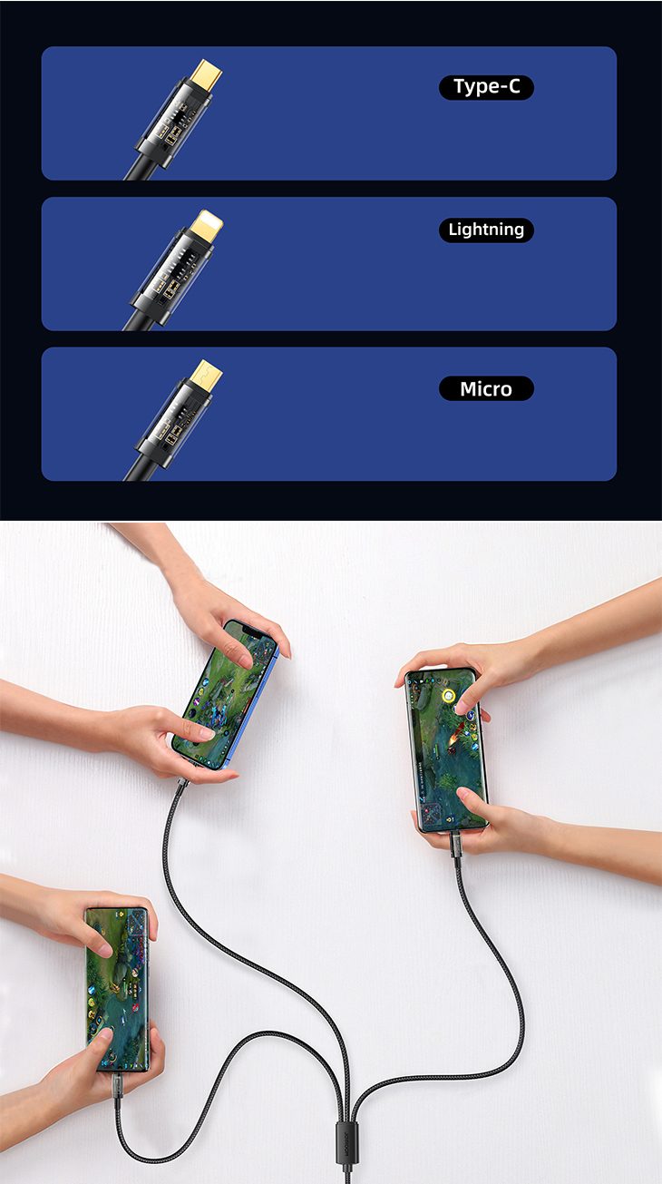 【ブラック】3in1 充電ケーブル 充電コード 急速充電 強靭 断裂防止 3.5Ａ 2.4Ａ typeーC ライトニング Micro 3台同時充電 高品質 安心安全 多機種対応 便利グッズ