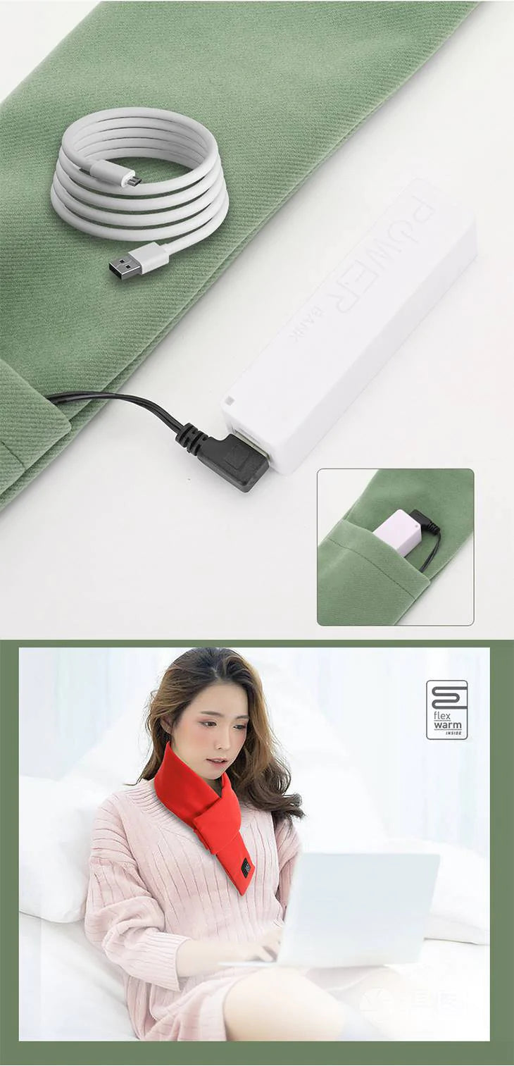 【レッド】USB充電式ホットスカーフ マフラー 防寒対策 冷え性対策 遠赤外線加熱 洗える 肌に優しい 速暖 3段階温度調節 最高温度約50℃ 大容量バッテリー 長持ち