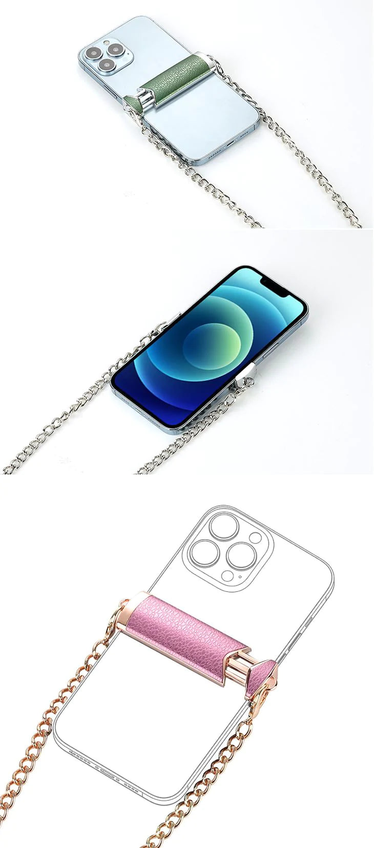 【ピンク+ゴールド】チェーンストラップ 韓国風 iPhoneケース アイフォン iPhone13 肩掛け ストラップ かわいい おしゃれ ファッション センス シンプル 無地 トレンド感