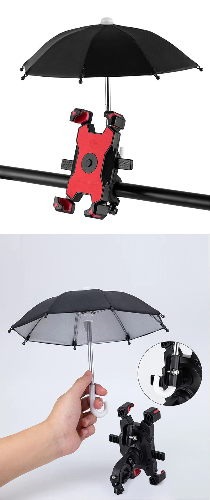 【レッド】バイク用 スマホホルダー 傘つき 遮光傘 パラソル 晴雨兼用 反射防止 見やすい 携帯ホルダー 自由調整 360度回転 簡単着脱 2点セット 自転車 高品質