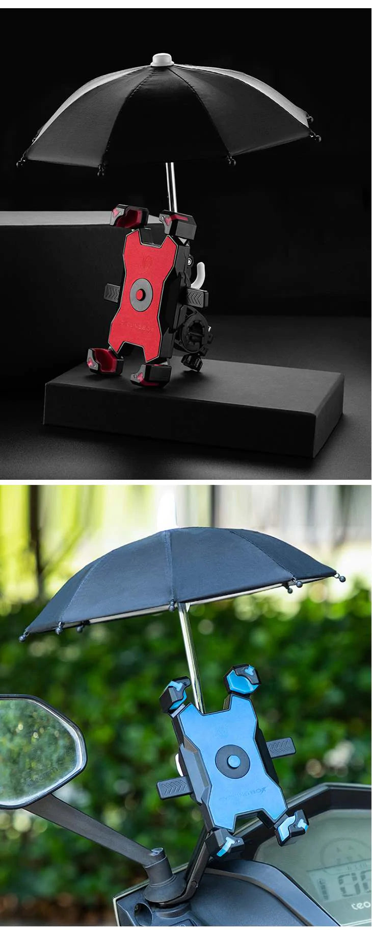 【レッド】バイク用 スマホホルダー 傘つき 遮光傘 パラソル 晴雨兼用 反射防止 見やすい 携帯ホルダー 自由調整 360度回転 簡単着脱 2点セット 自転車 高品質