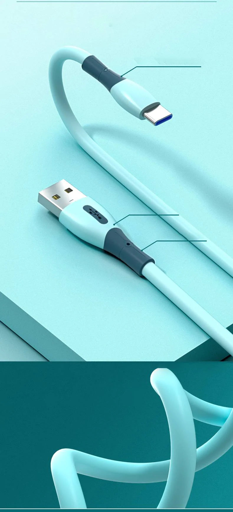 【グリーン】USB Android 3A 汚れにくい シリコン 水洗いOK Type-C 充電ケーブル 充電器 コード 急速充電 断線防止 高耐久 データ転送 スマホ タイプC  iPhone