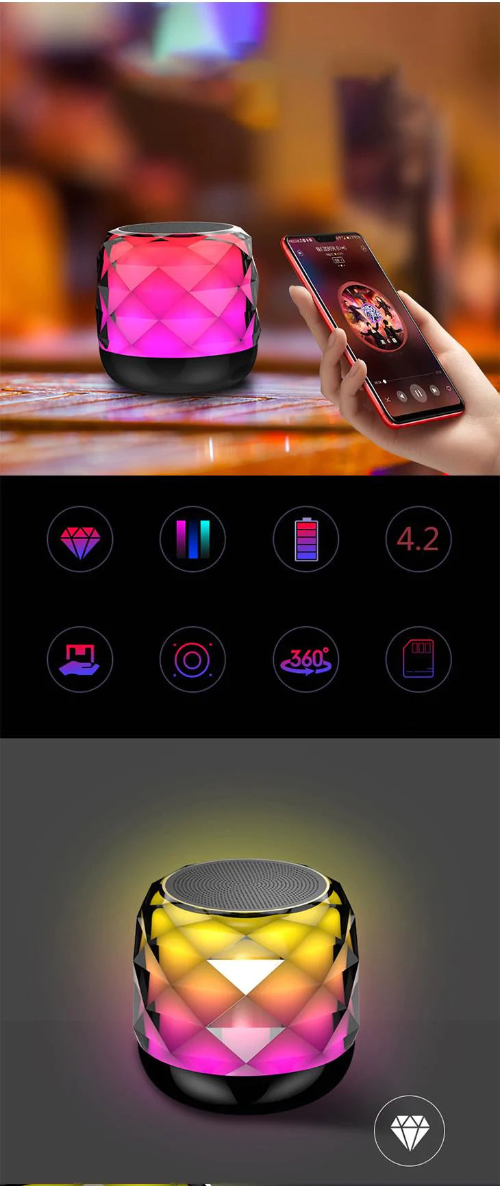 Bluetooth スピーカー 高音質 TWS機能 ハンズフリー TFカード LEDライト AUX入力 サウンド 臨場感 多デバイス対応 色が変わる 防水