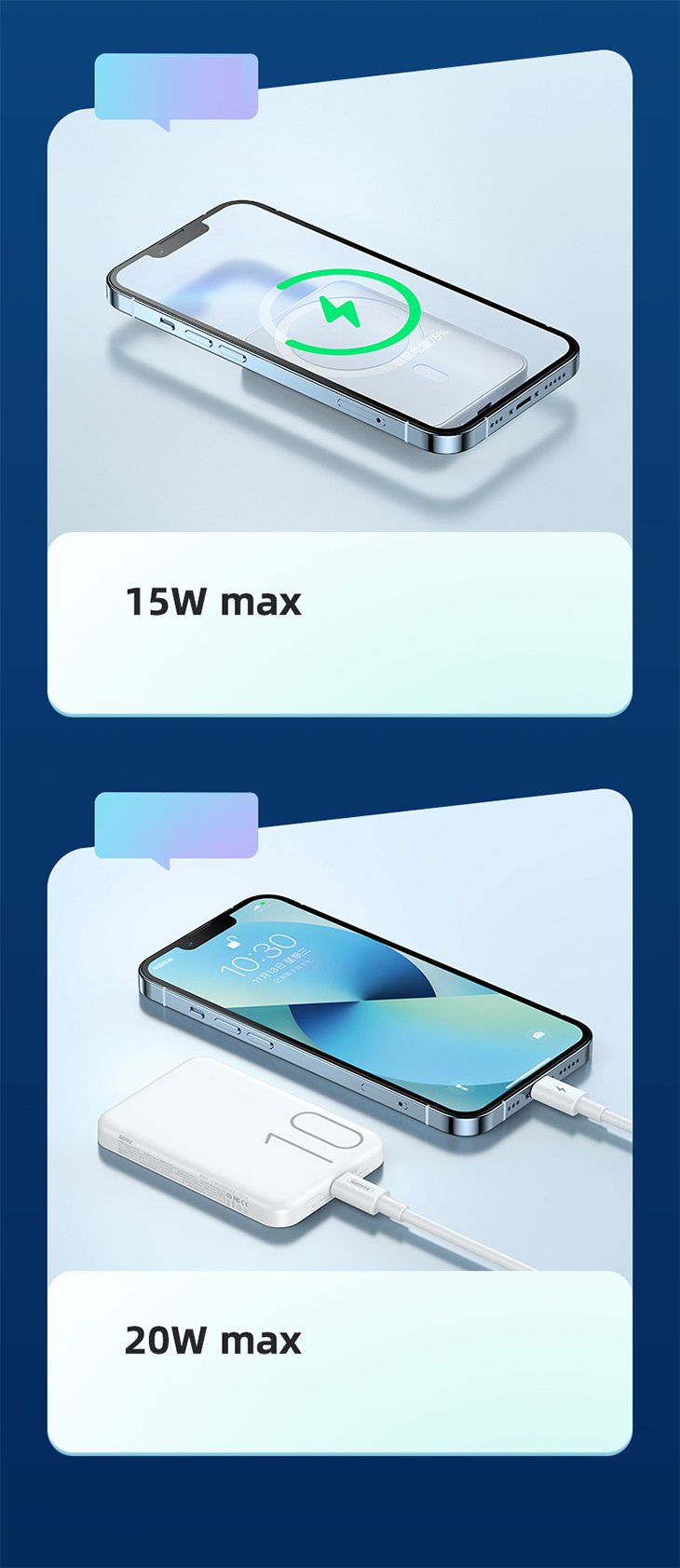 【ホワイト】20Ｗ ワイヤレス充電 置くだけ充電 急速充電 iPhone android 多対応 コンパクト 軽量 大容量バッテリー マグネット 磁力 磁気