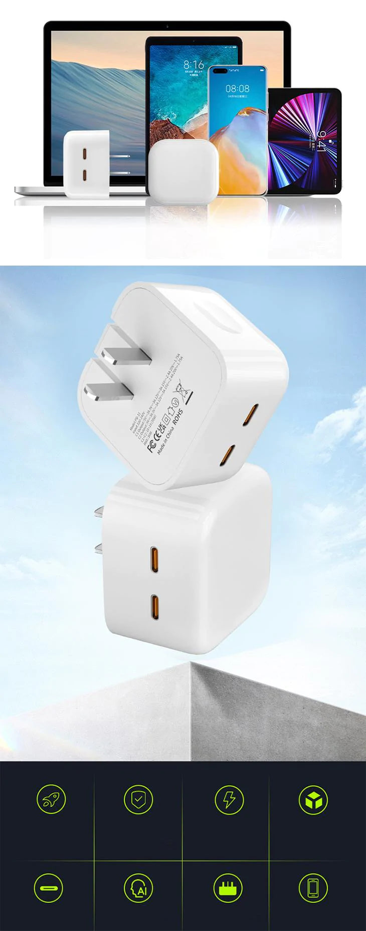 35W デュアル USB type-C ポート搭載 コンパクト電源アダプター ACアダプター iPhone 充電 android コンセント コンパクト 同時充電可能