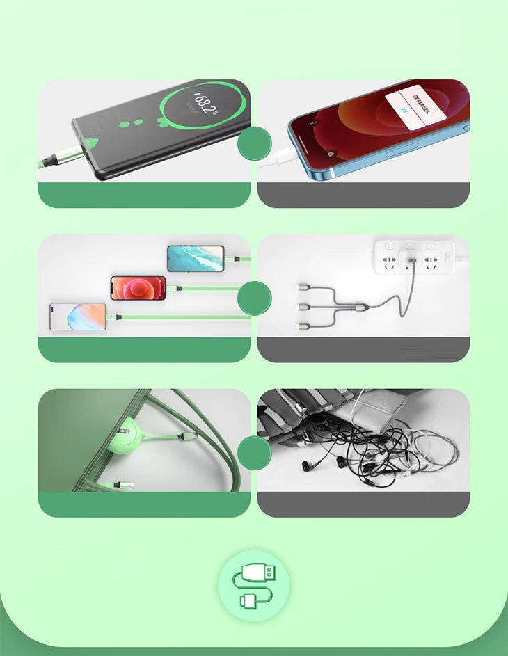 【ブラック】巻き取り式 3in1 マルチ充電 充電ケーブル ライトニングケーブル USB 急速充電 同時充電 3台 多機種対応