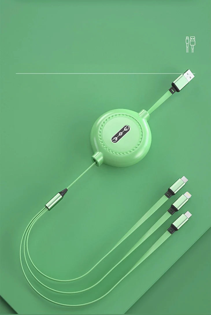 【グリーン】巻き取り式 3in1 マルチ充電 充電ケーブル ライトニングケーブル USB 急速充電 同時充電 3台 多機種対応