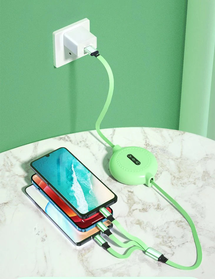 【イエロー】巻き取り式 3in1 マルチ充電 充電ケーブル ライトニングケーブル USB 急速充電 同時充電 3台 多機種対応