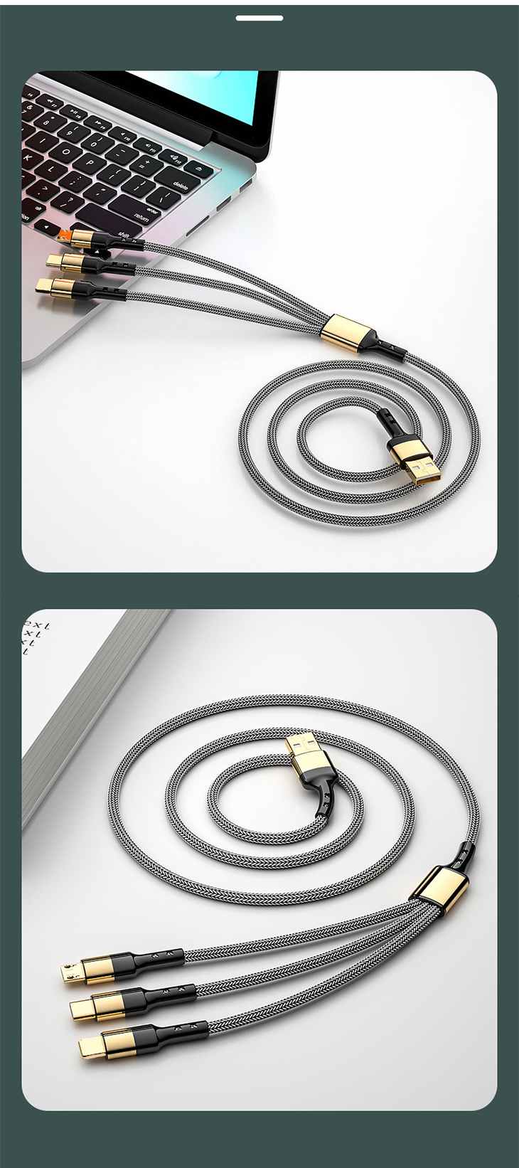 【2M】スマホ充電 iPhone android 3IN1 高品質 金メッキ 急速 USB 充電ケーブル ナイロン編み 1本3役 3台同時 最大5A 高耐久力