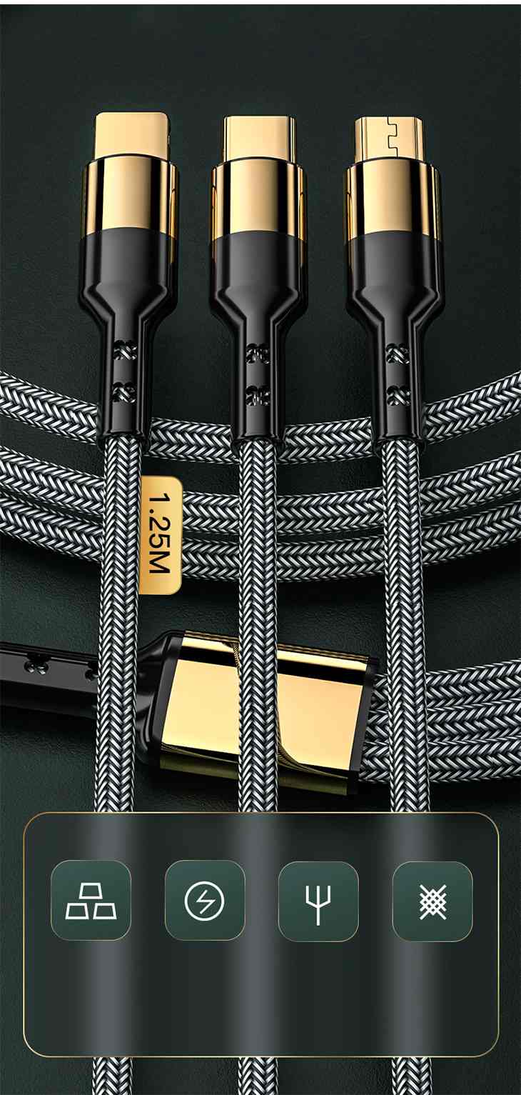【1.25M】スマホ充電 iPhone android 3IN1 高品質 金メッキ 急速 USB 充電ケーブル ナイロン編み 1本3役 3台同時 最大5A 高耐久力