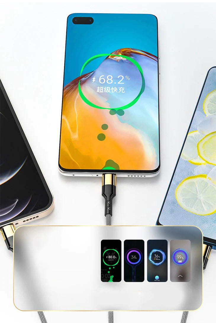 【2M】スマホ充電 iPhone android 3IN1 高品質 金メッキ 急速 USB 充電ケーブル ナイロン編み 1本3役 3台同時 最大5A 高耐久力