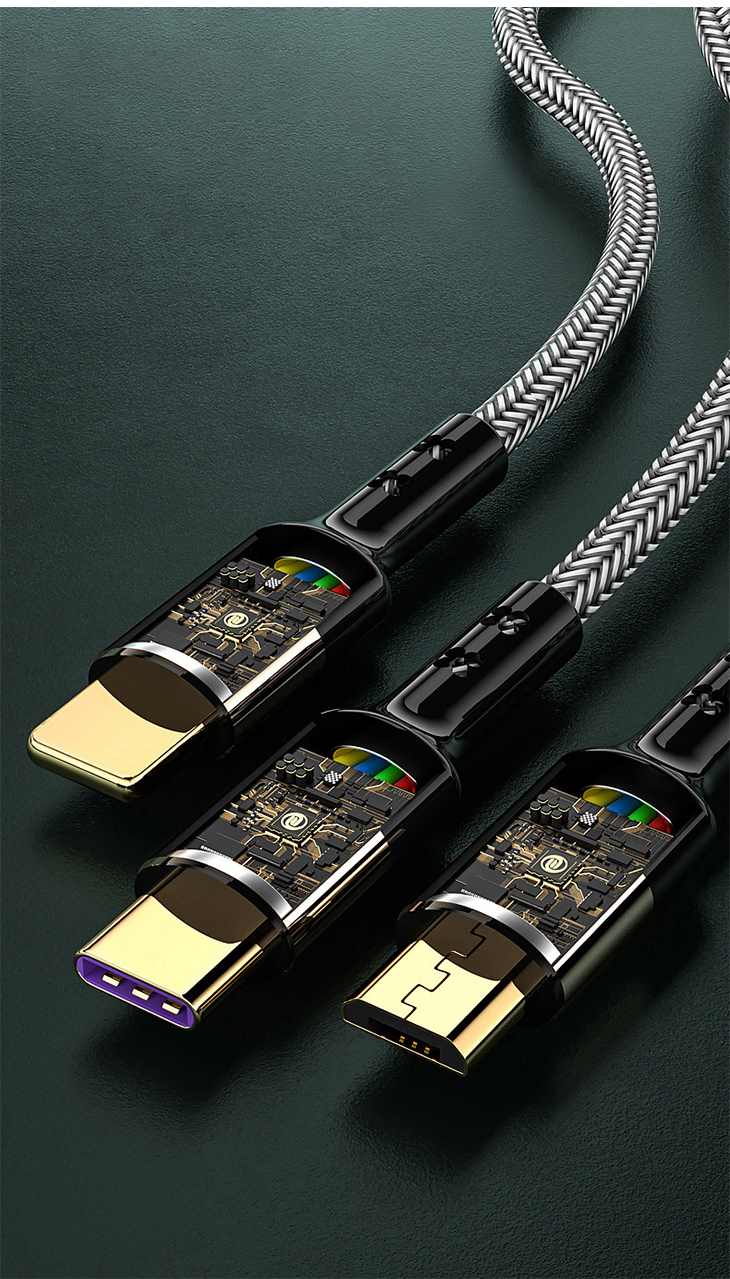 【1.25M】スマホ充電 iPhone android 3IN1 高品質 金メッキ 急速 USB 充電ケーブル ナイロン編み 1本3役 3台同時 最大5A 高耐久力