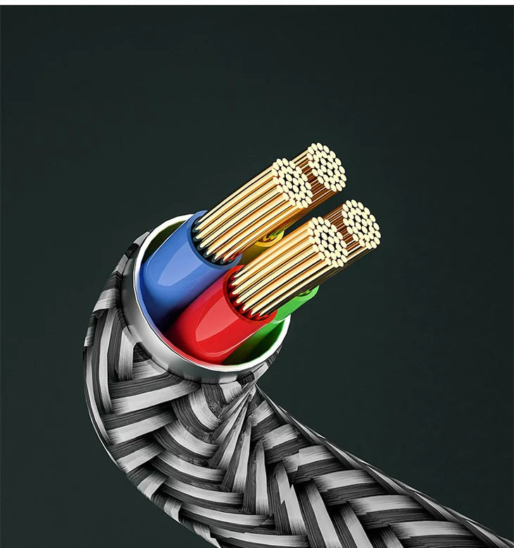 【2M】スマホ充電 iPhone android 3IN1 高品質 金メッキ 急速 USB 充電ケーブル ナイロン編み 1本3役 3台同時 最大5A 高耐久力
