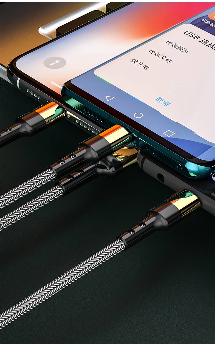 【2M】スマホ充電 iPhone android 3IN1 高品質 金メッキ 急速 USB 充電ケーブル ナイロン編み 1本3役 3台同時 最大5A 高耐久力