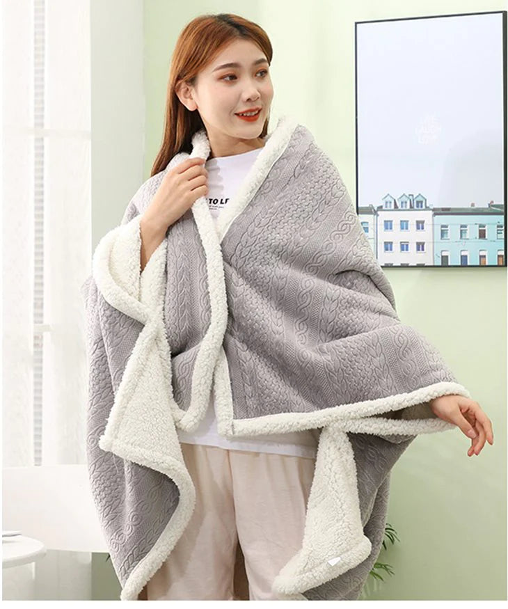 【グレー】着る毛布 ボア 100㎝X150cm 防寒対策 冷え性対策 あたたかい ケーブル編み風 おしゃれ かわいい ひざ掛け ブランケット お昼寝 ふわふわ もこもこ