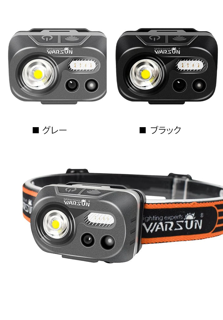 【グレー】センサーライト ヘッドライト ハンズフリー 懐中電灯 アウトドア キャンプ 夜釣り ワークライト コンパクト 小型 高感度 高輝度 LED 充電式