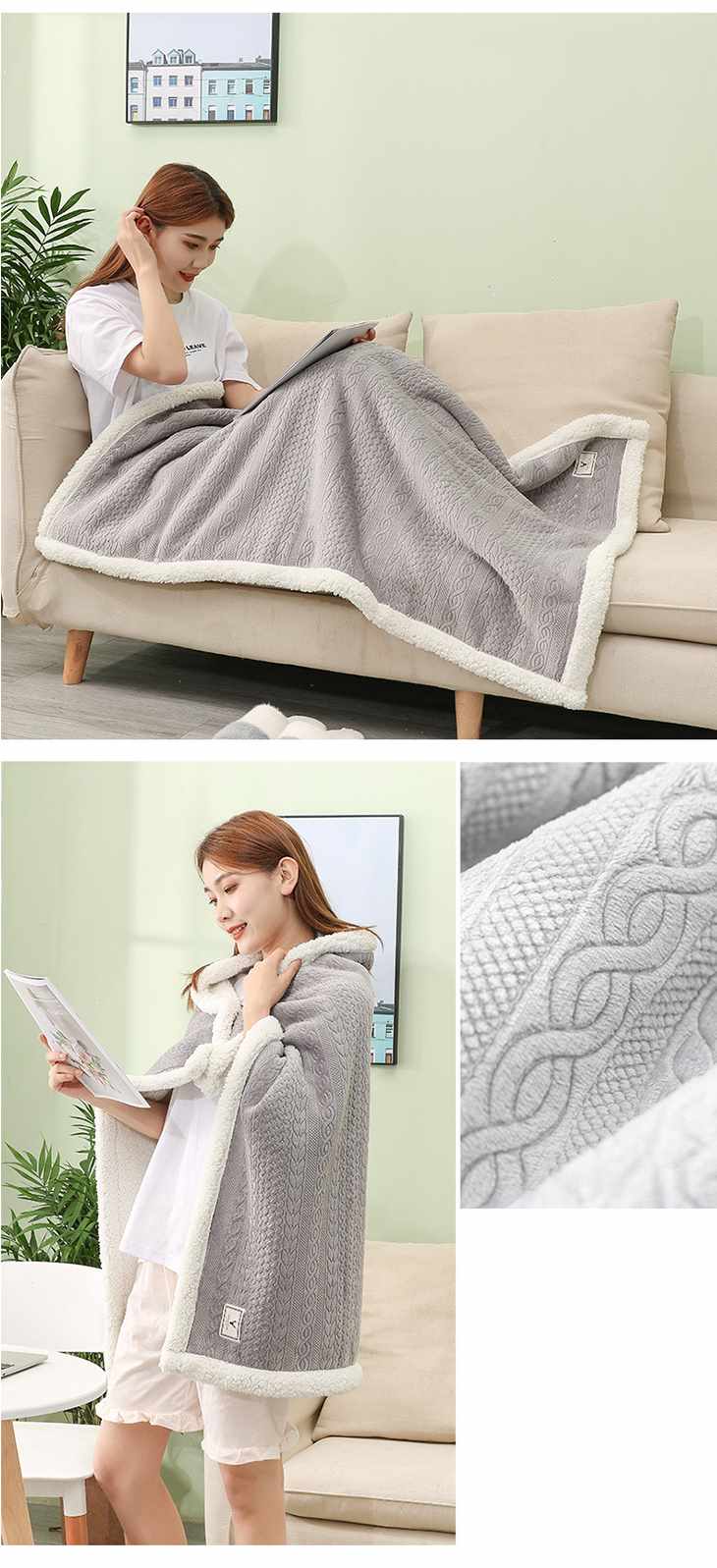 【グレー】着る毛布 ボア 85㎝X120cm 防寒対策 冷え性対策 あたたかい ケーブル編み風 おしゃれ かわいい ひざ掛け ブランケット お昼寝 ふわふわ もこもこ