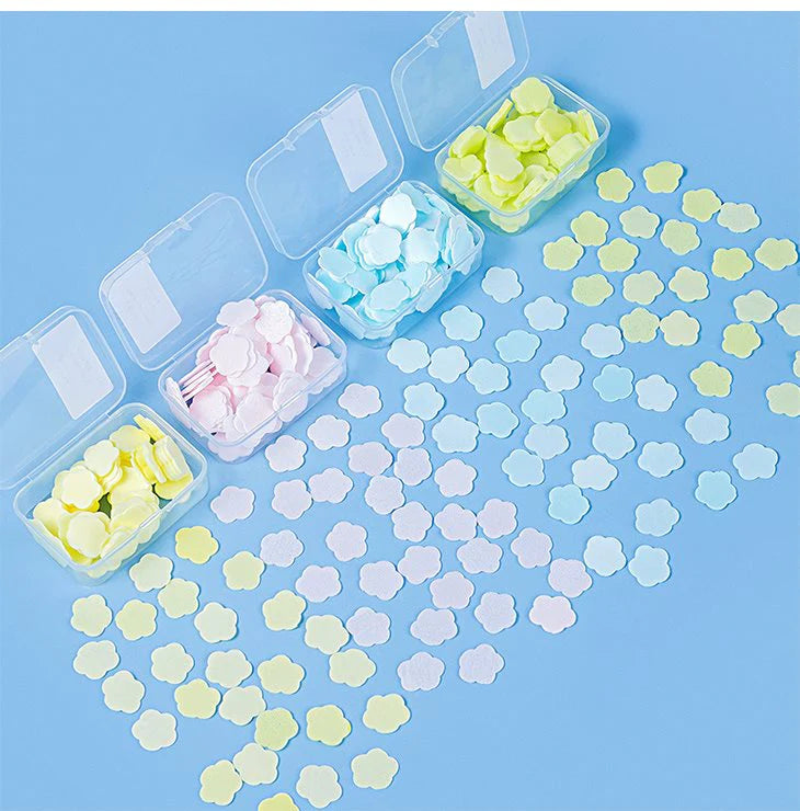 4個セット 紙石鹸 ペーパーソープ 花形 フラワー ソープシート せっけん 収納ボックス 携帯せっけん コンパクト 持ち運び かわいい レモン ミルク バラ ジャズミン
