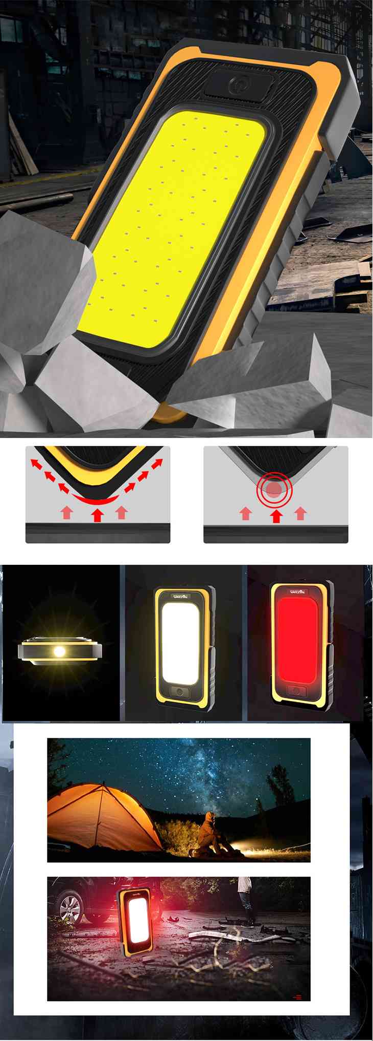 【イエロー】LED作業灯 ランタン ワークライト アウトドア キャンプ COB USB 充電式 マグネット 投光器 非常時 防災 停電 自動車整備 夜間作業 ハンディライト コンパクト