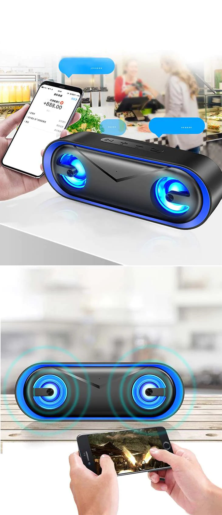 【グリーン】bluetooth スピーカー ワイヤレススピーカー マイク搭載 高音質 おしゃれ コンパクト 重低音 充電式 大音量 ブルートゥーススピーカー usb LED スマホスピーカー ハンズフリー通話 ステレオ