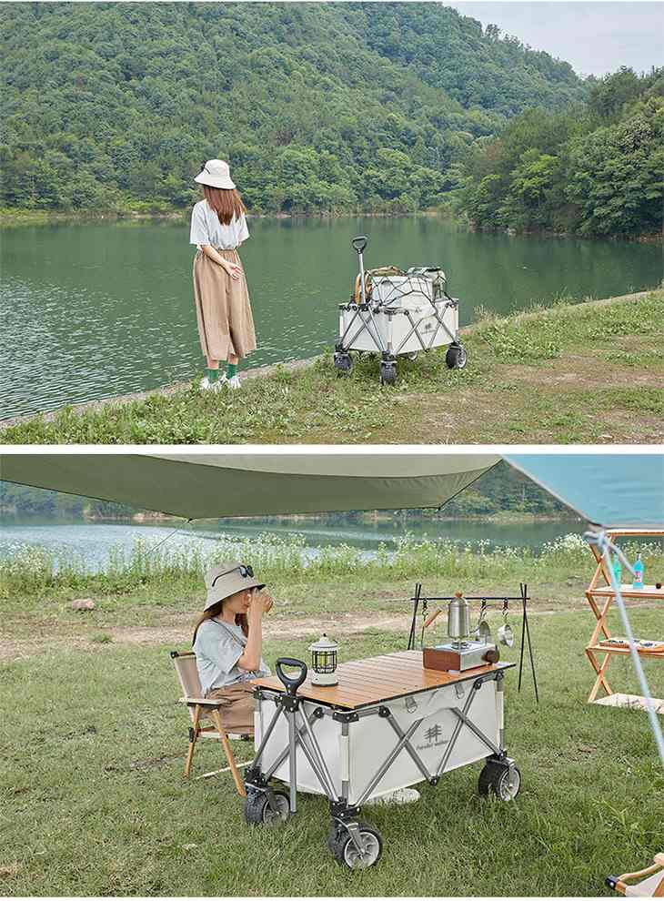 【オフホワイト+ナチュラル】300㎏ 高耐荷重 160L キャリーワゴン アウトドア キャンプ 荷物運ぶ 大容量　キャリーカート おりたたみ 持ち運び コンパクト 頑丈 スチール 牽引