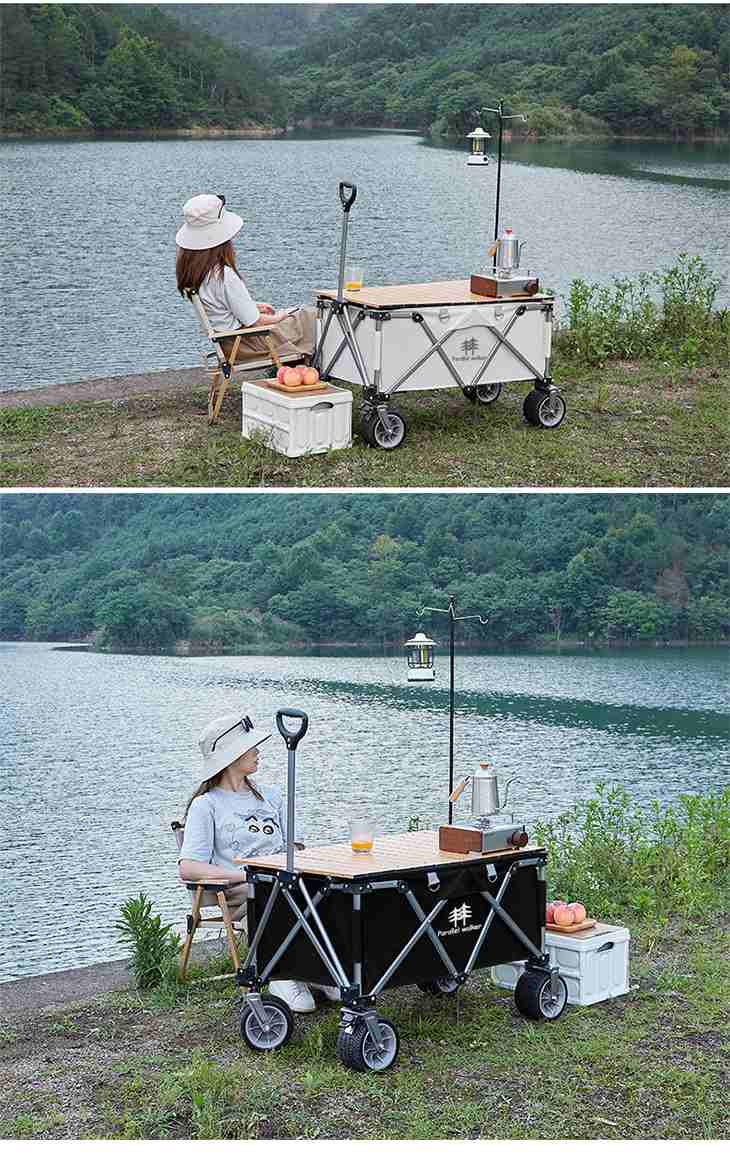 【オフホワイト+ナチュラル】300㎏ 高耐荷重 160L キャリーワゴン アウトドア キャンプ 荷物運ぶ 大容量　キャリーカート おりたたみ 持ち運び コンパクト 頑丈 スチール 牽引