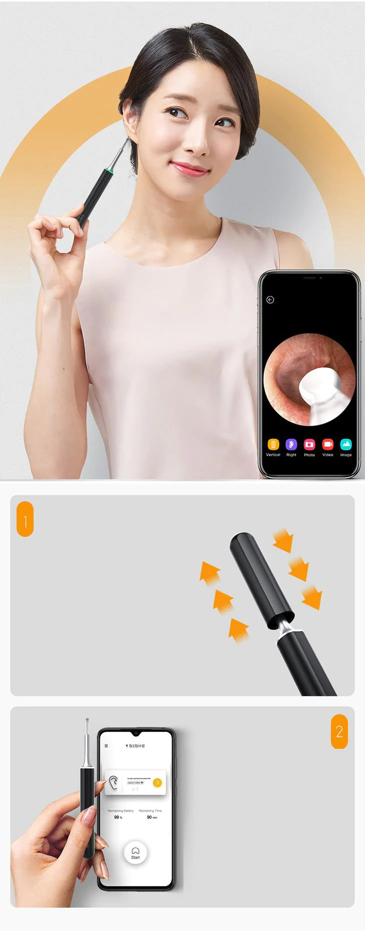 カメラ付き スマート 耳かき アプリ連動 安心安全 高品質 LEDライト アルミボディ 滑り止めデザイン 充電式 マグネット充電 高画素 見やすい