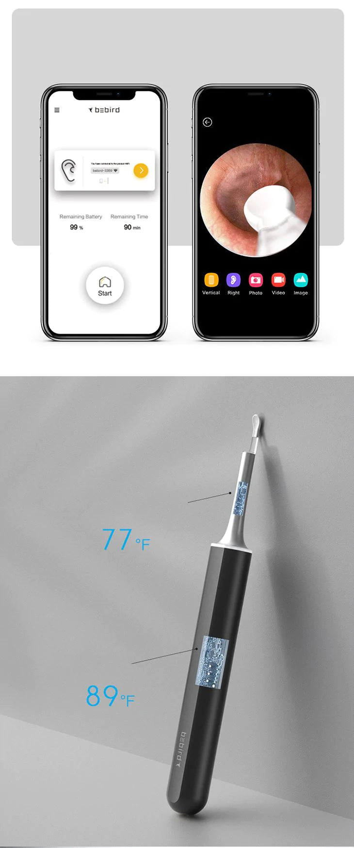 カメラ付き スマート 耳かき アプリ連動 安心安全 高品質 LEDライト アルミボディ 滑り止めデザイン 充電式 マグネット充電 高画素 見やすい