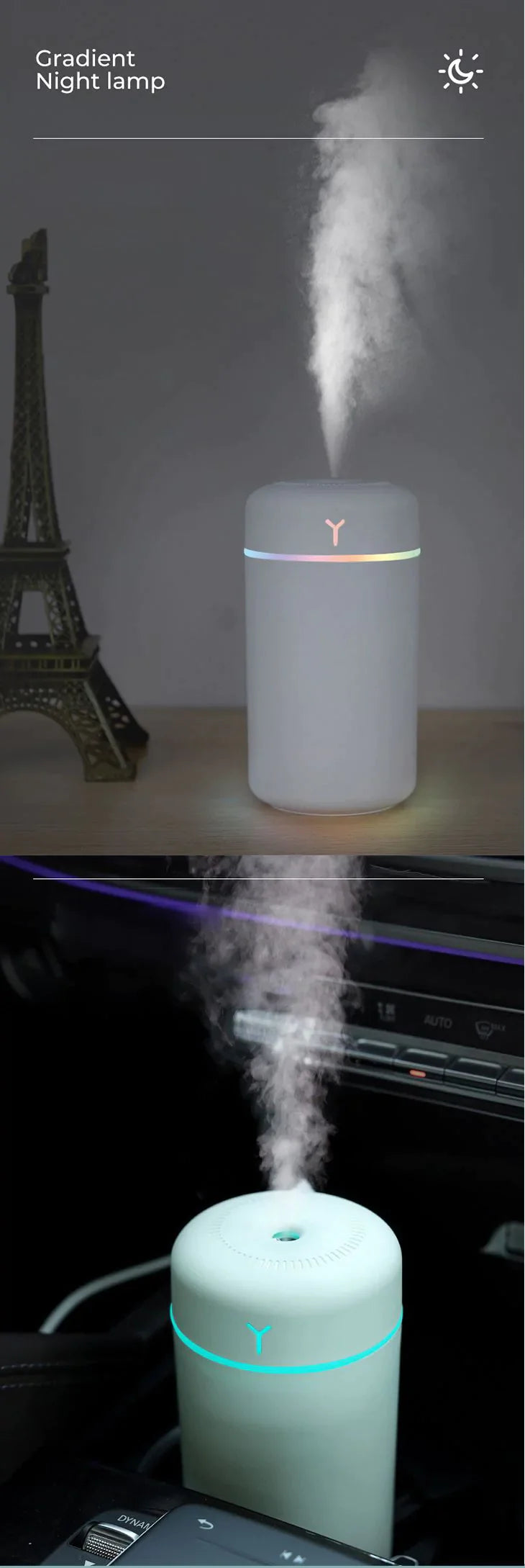 【ホワイト】ミニ家庭用加湿器 アロマエッセンシャルオイル ディフューザー LED 常夜灯付き超音波 おしゃれ 加湿器 タンク式 インテリア 風邪防止 癒し